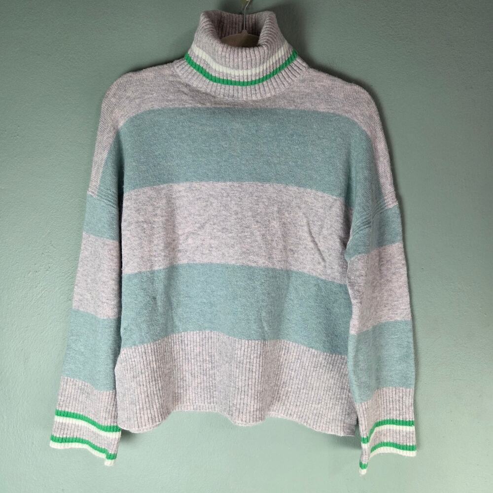 J. Crew Womens Striped Turtleneck Sweater Supersoft Yarn Size Small Green Gray